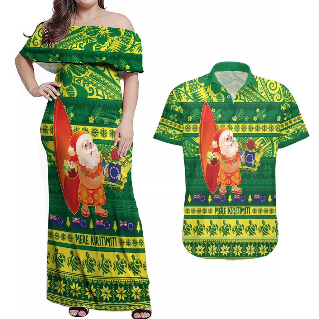 Cook Islands Christmas Couples Matching Off Shoulder Maxi Dress and Hawaiian Shirt Surfing Santa Mere Kiritimiti LT14 Green - Polynesian Pride