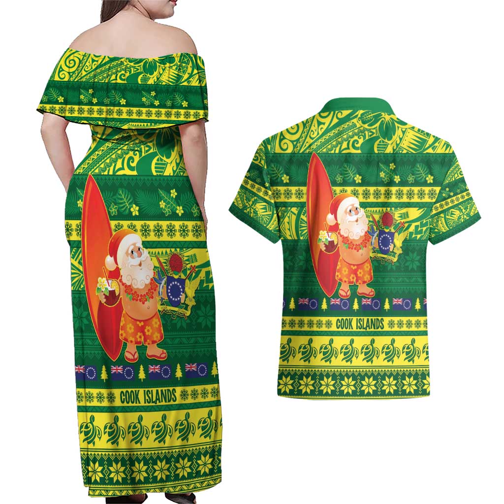 Cook Islands Christmas Couples Matching Off Shoulder Maxi Dress and Hawaiian Shirt Surfing Santa Mere Kiritimiti LT14 - Polynesian Pride