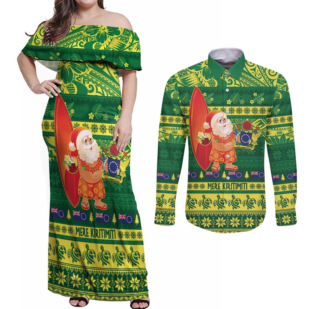 Cook Islands Christmas Couples Matching Off Shoulder Maxi Dress and Long Sleeve Button Shirt Surfing Santa Mere Kiritimiti LT14 Green - Polynesian Pride