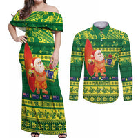 Cook Islands Christmas Couples Matching Off Shoulder Maxi Dress and Long Sleeve Button Shirt Surfing Santa Mere Kiritimiti LT14 Green - Polynesian Pride
