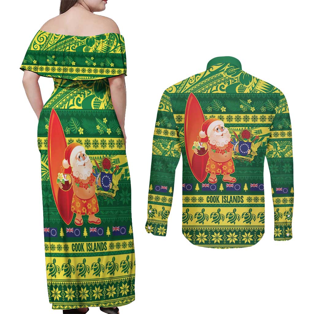 Cook Islands Christmas Couples Matching Off Shoulder Maxi Dress and Long Sleeve Button Shirt Surfing Santa Mere Kiritimiti LT14 - Polynesian Pride