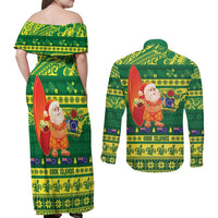 Cook Islands Christmas Couples Matching Off Shoulder Maxi Dress and Long Sleeve Button Shirt Surfing Santa Mere Kiritimiti LT14 - Polynesian Pride