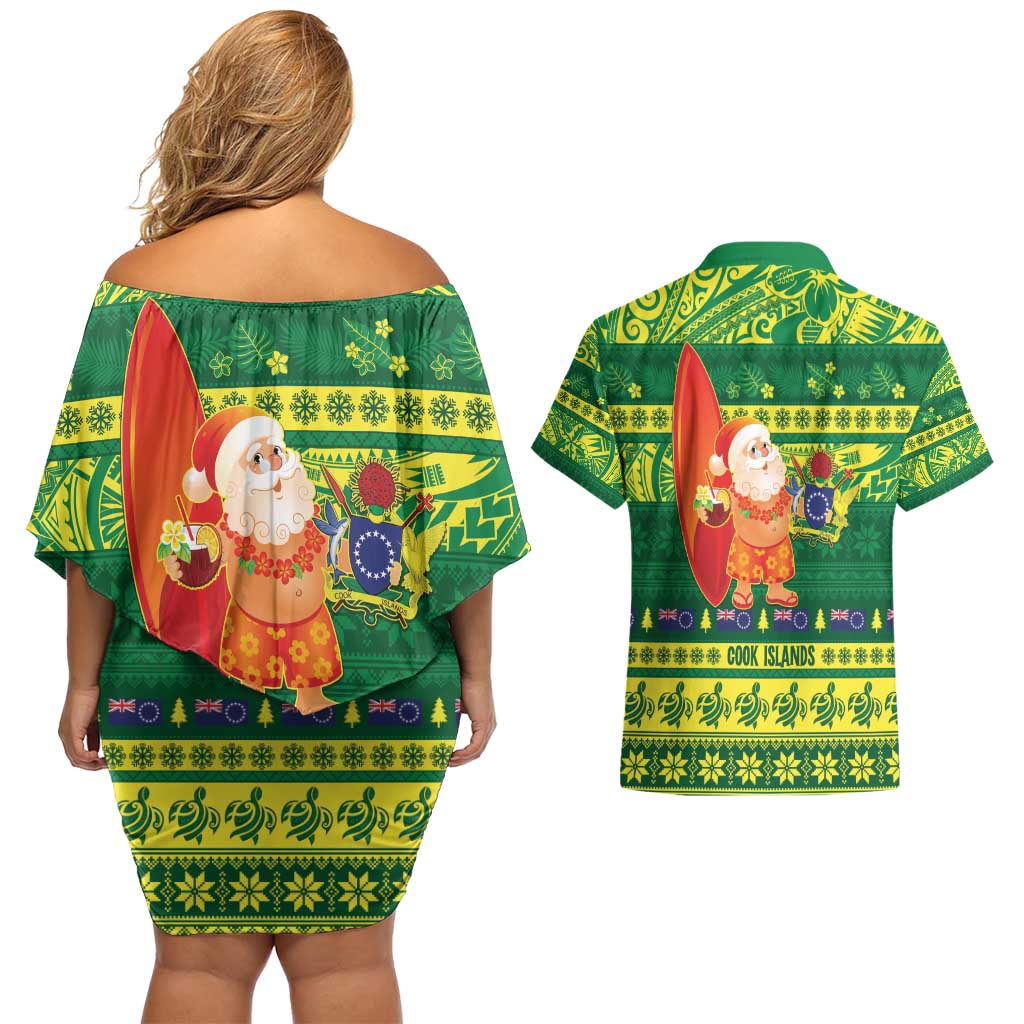 Cook Islands Christmas Couples Matching Off Shoulder Short Dress and Hawaiian Shirt Surfing Santa Mere Kiritimiti LT14 - Polynesian Pride