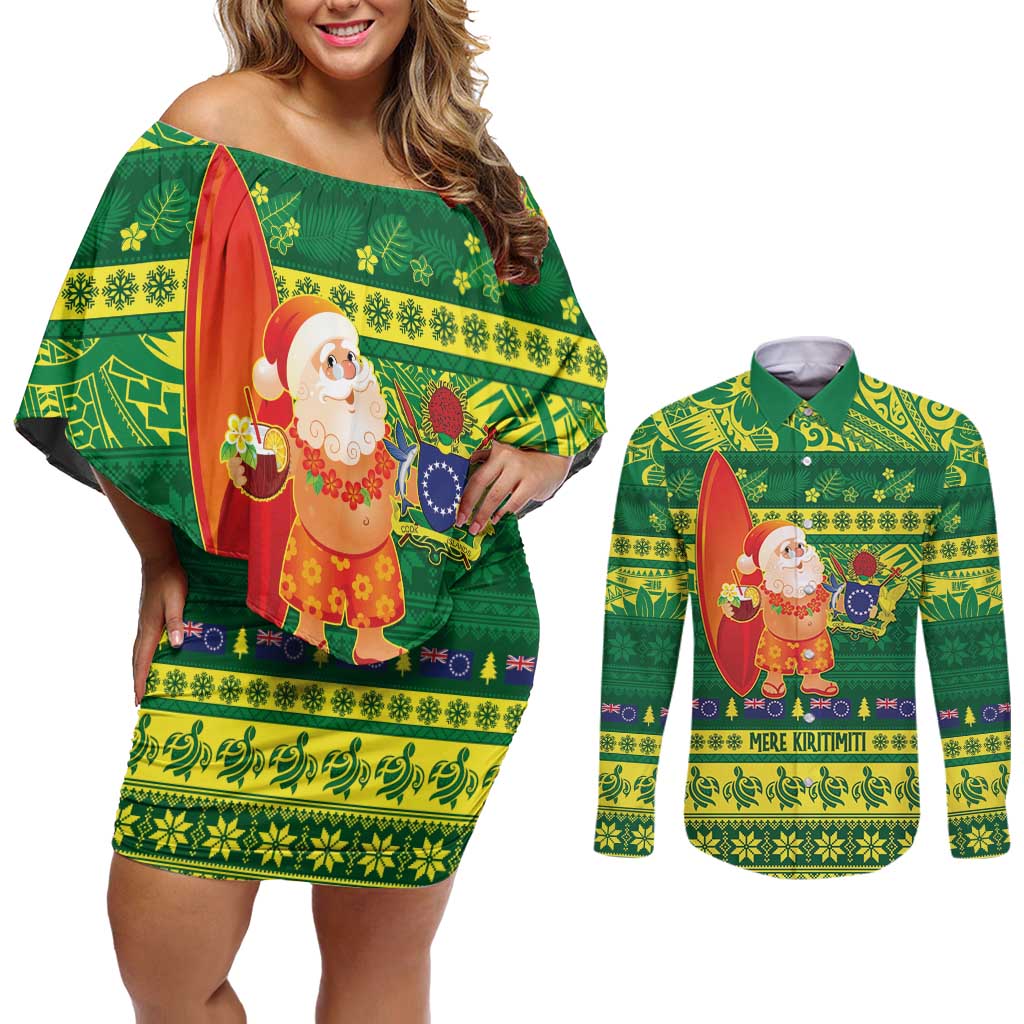 Cook Islands Christmas Couples Matching Off Shoulder Short Dress and Long Sleeve Button Shirt Surfing Santa Mere Kiritimiti LT14 Green - Polynesian Pride