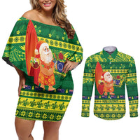 Cook Islands Christmas Couples Matching Off Shoulder Short Dress and Long Sleeve Button Shirt Surfing Santa Mere Kiritimiti LT14 Green - Polynesian Pride