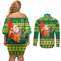 Cook Islands Christmas Couples Matching Off Shoulder Short Dress and Long Sleeve Button Shirt Surfing Santa Mere Kiritimiti LT14 - Polynesian Pride