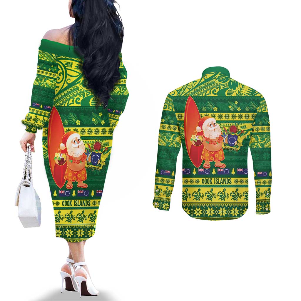 Cook Islands Christmas Couples Matching Off The Shoulder Long Sleeve Dress and Long Sleeve Button Shirt Surfing Santa Mere Kiritimiti LT14 - Polynesian Pride