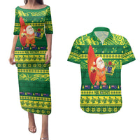 Cook Islands Christmas Couples Matching Puletasi and Hawaiian Shirt Surfing Santa Mere Kiritimiti LT14 Green - Polynesian Pride