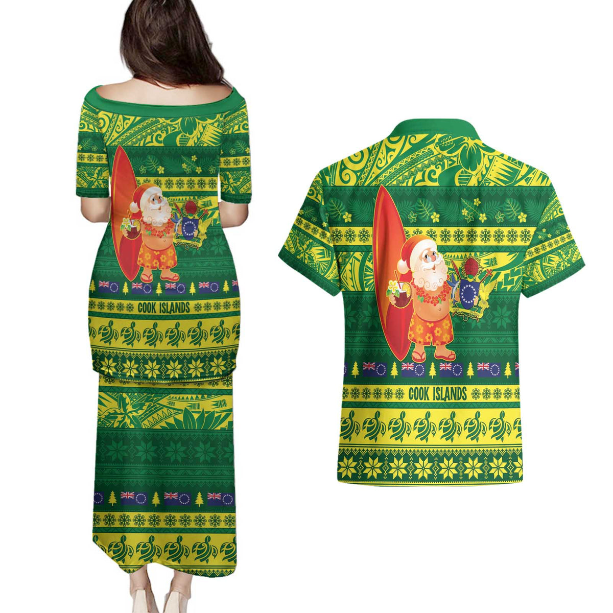 Cook Islands Christmas Couples Matching Puletasi and Hawaiian Shirt Surfing Santa Mere Kiritimiti LT14 - Polynesian Pride