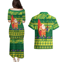 Cook Islands Christmas Couples Matching Puletasi and Hawaiian Shirt Surfing Santa Mere Kiritimiti LT14 - Polynesian Pride