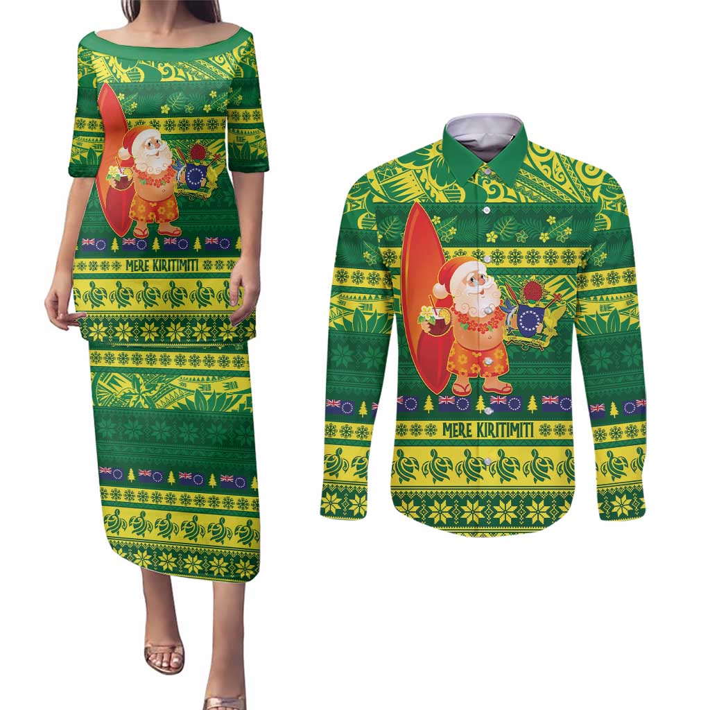Cook Islands Christmas Couples Matching Puletasi and Long Sleeve Button Shirt Surfing Santa Mere Kiritimiti - Polynesian Pride
