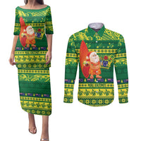 Cook Islands Christmas Couples Matching Puletasi and Long Sleeve Button Shirt Surfing Santa Mere Kiritimiti - Polynesian Pride