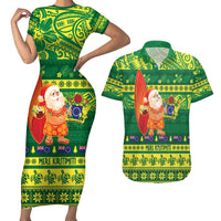 Cook Islands Christmas Couples Matching Short Sleeve Bodycon Dress and Hawaiian Shirt Surfing Santa Mere Kiritimiti LT14 Green - Polynesian Pride
