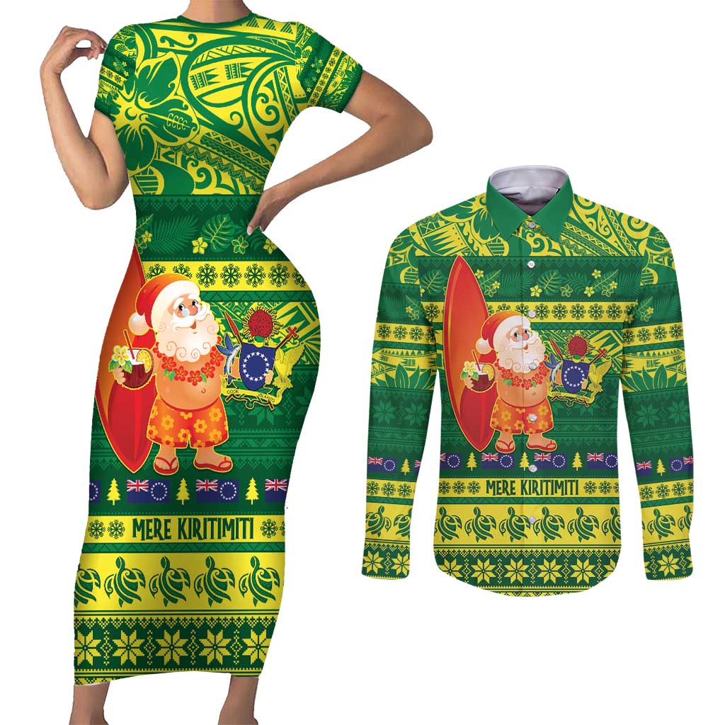 Cook Islands Christmas Couples Matching Short Sleeve Bodycon Dress and Long Sleeve Button Shirt Surfing Santa Mere Kiritimiti LT14 Green - Polynesian Pride