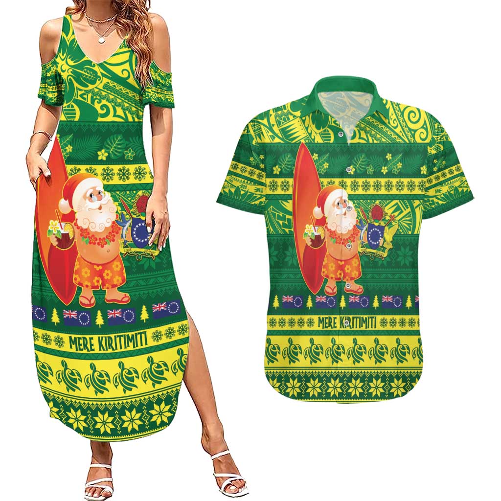 Cook Islands Christmas Couples Matching Summer Maxi Dress and Hawaiian Shirt Surfing Santa Mere Kiritimiti LT14 Green - Polynesian Pride