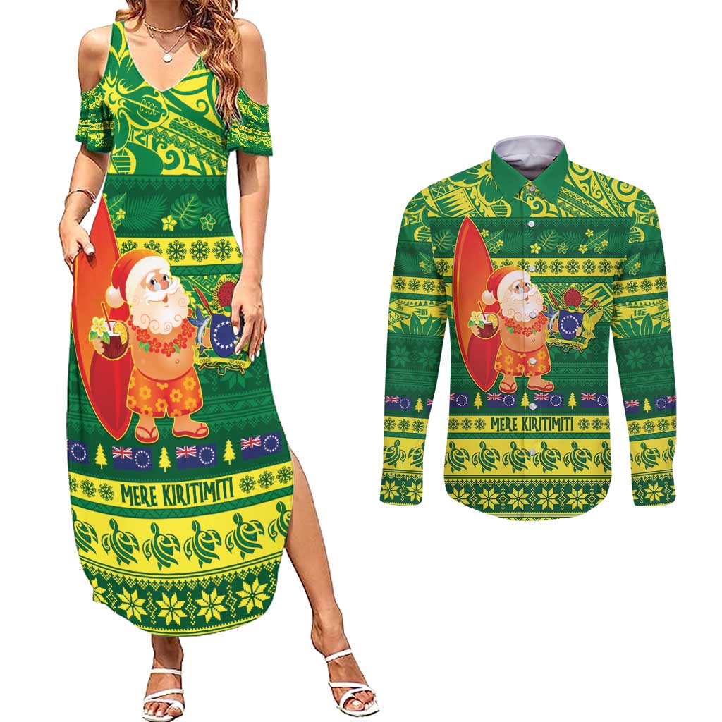 Cook Islands Christmas Couples Matching Summer Maxi Dress and Long Sleeve Button Shirt Surfing Santa Mere Kiritimiti LT14 Green - Polynesian Pride