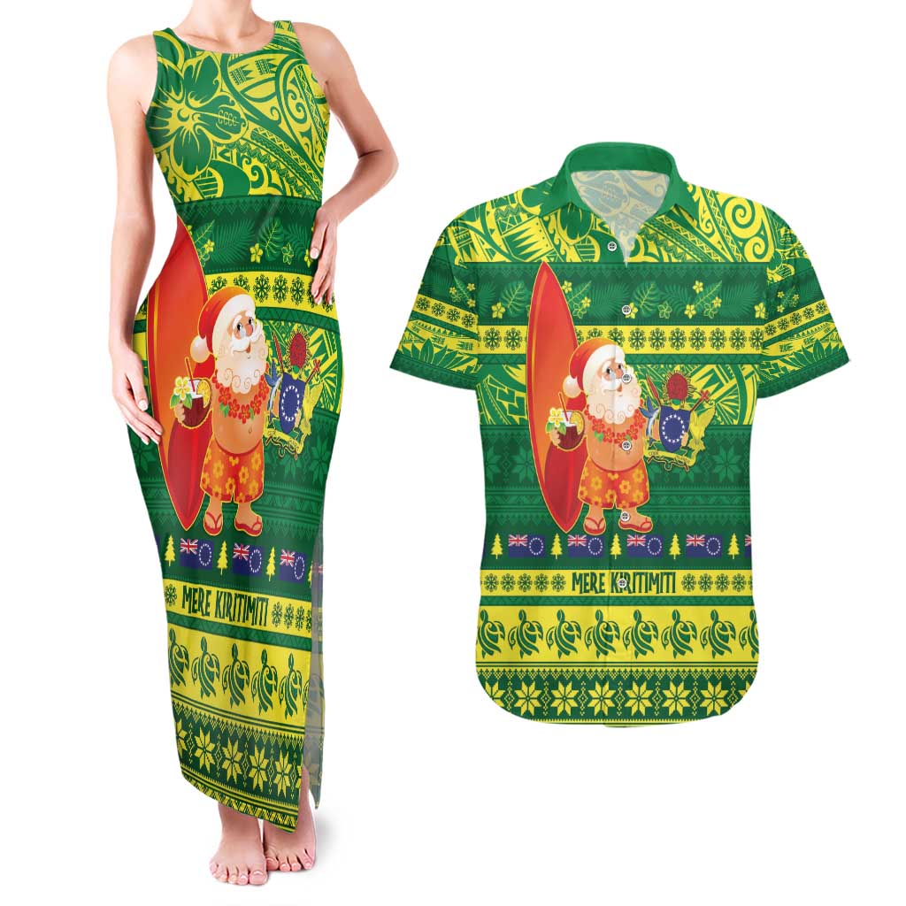 Cook Islands Christmas Couples Matching Tank Maxi Dress and Hawaiian Shirt Surfing Santa Mere Kiritimiti LT14 Green - Polynesian Pride