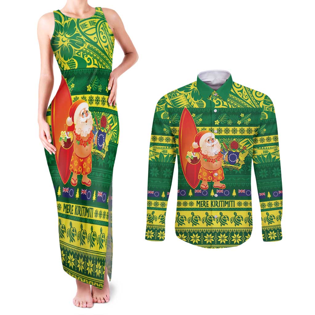 Cook Islands Christmas Couples Matching Tank Maxi Dress and Long Sleeve Button Shirt Surfing Santa Mere Kiritimiti LT14 Green - Polynesian Pride