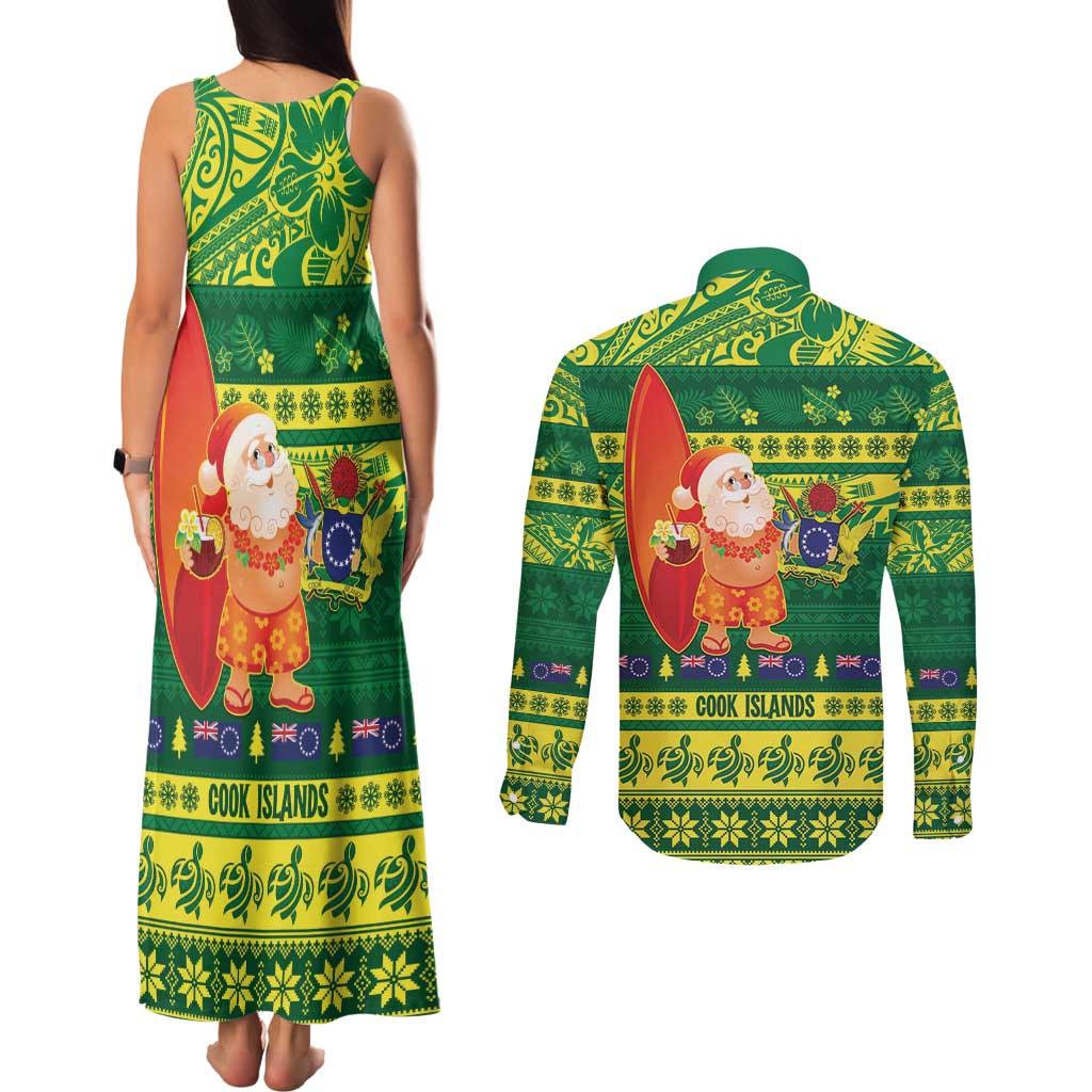 Cook Islands Christmas Couples Matching Tank Maxi Dress and Long Sleeve Button Shirt Surfing Santa Mere Kiritimiti LT14 - Polynesian Pride
