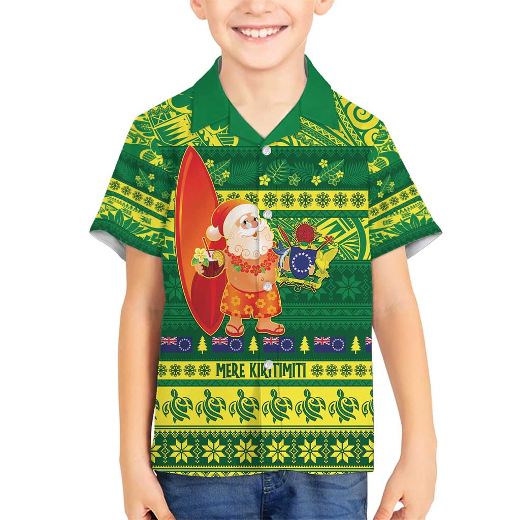 Cook Islands Christmas Family Matching Long Sleeve Bodycon Dress and Hawaiian Shirt Surfing Santa Mere Kiritimiti LT14 Son's Shirt Green - Polynesian Pride