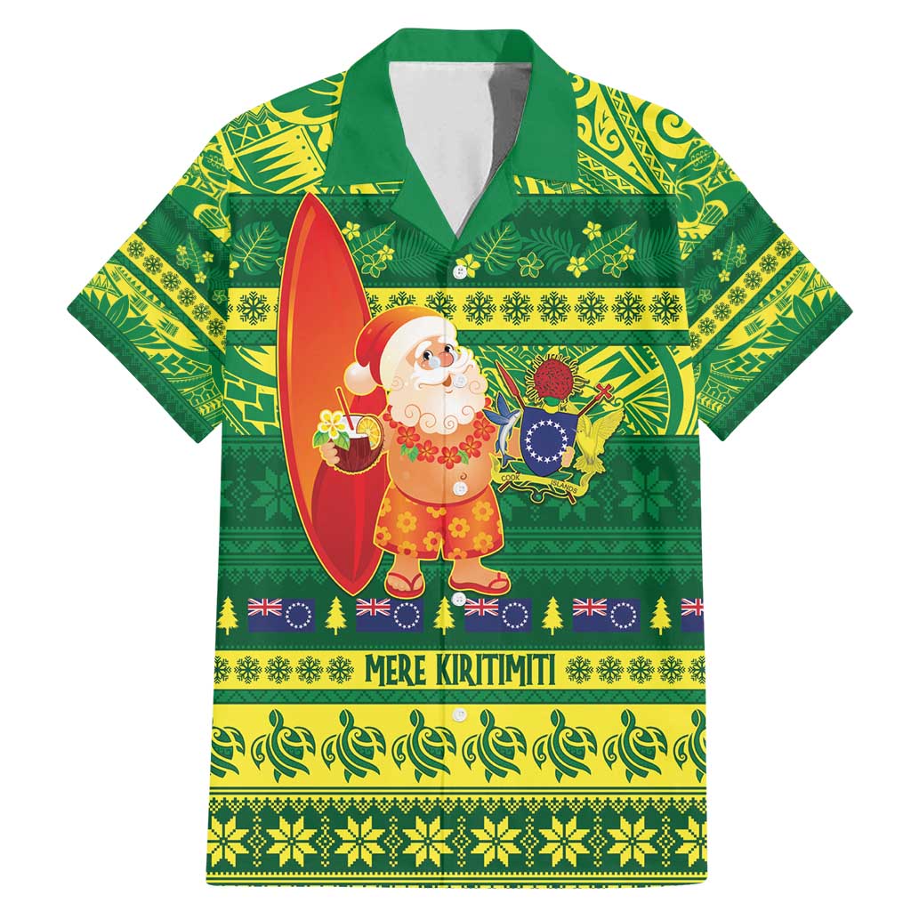 Cook Islands Christmas Family Matching Mermaid Dress and Hawaiian Shirt Surfing Santa Mere Kiritimiti LT14 Dad's Shirt - Short Sleeve Green - Polynesian Pride