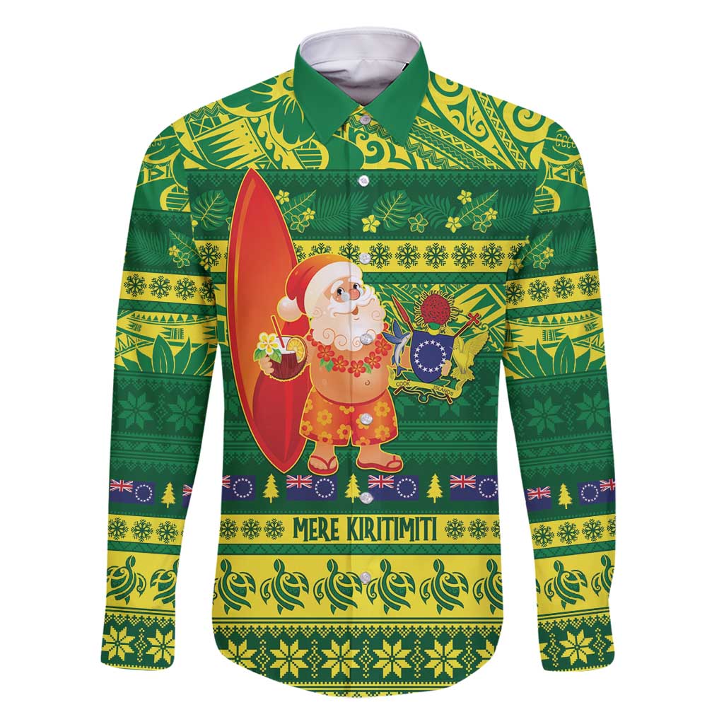 Cook Islands Christmas Family Matching Mermaid Dress and Hawaiian Shirt Surfing Santa Mere Kiritimiti LT14 Dad's Shirt - Long Sleeve Green - Polynesian Pride