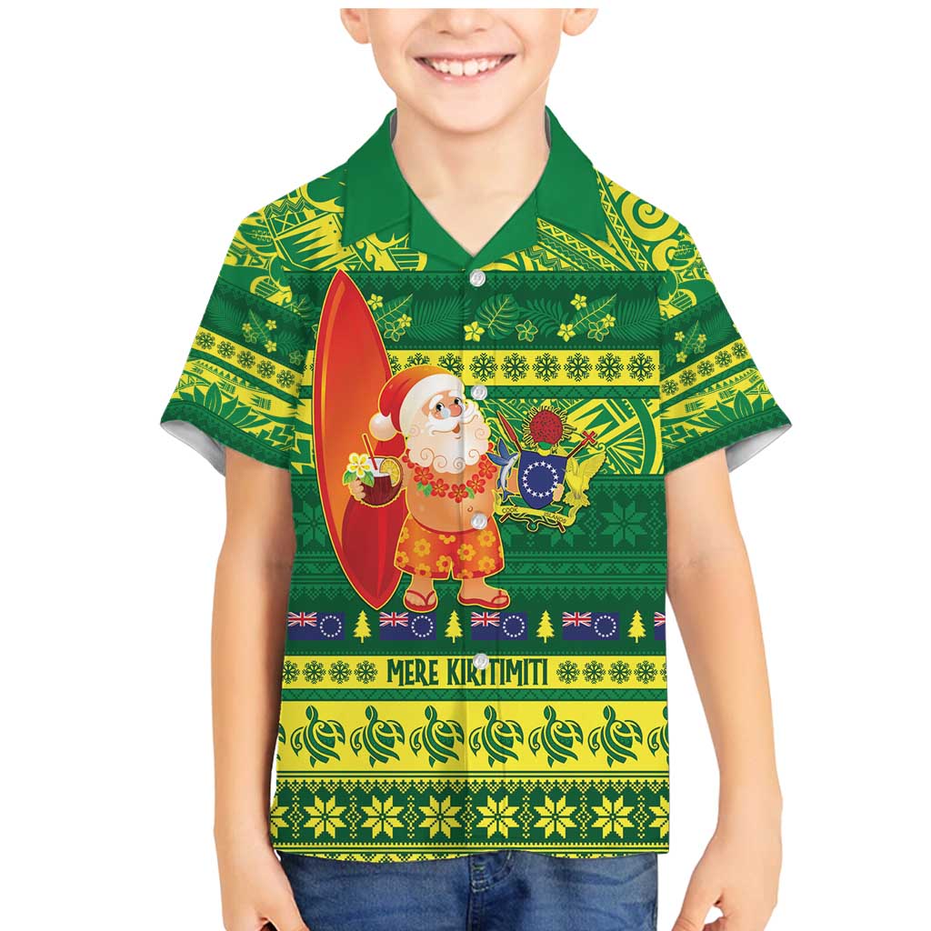 Cook Islands Christmas Family Matching Mermaid Dress and Hawaiian Shirt Surfing Santa Mere Kiritimiti LT14 Son's Shirt Green - Polynesian Pride