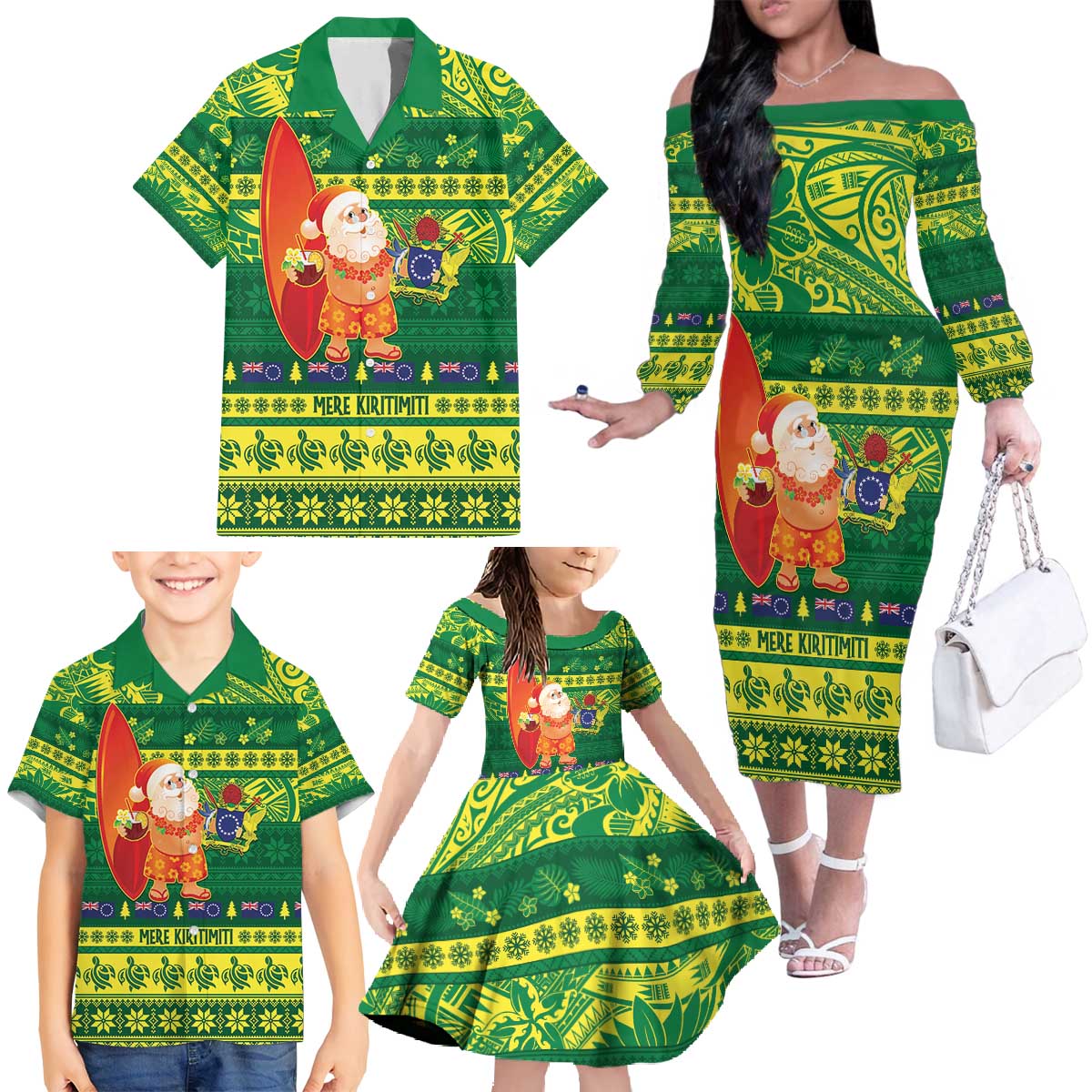 Cook Islands Christmas Family Matching Off The Shoulder Long Sleeve Dress and Hawaiian Shirt Surfing Santa Mere Kiritimiti LT14 - Polynesian Pride