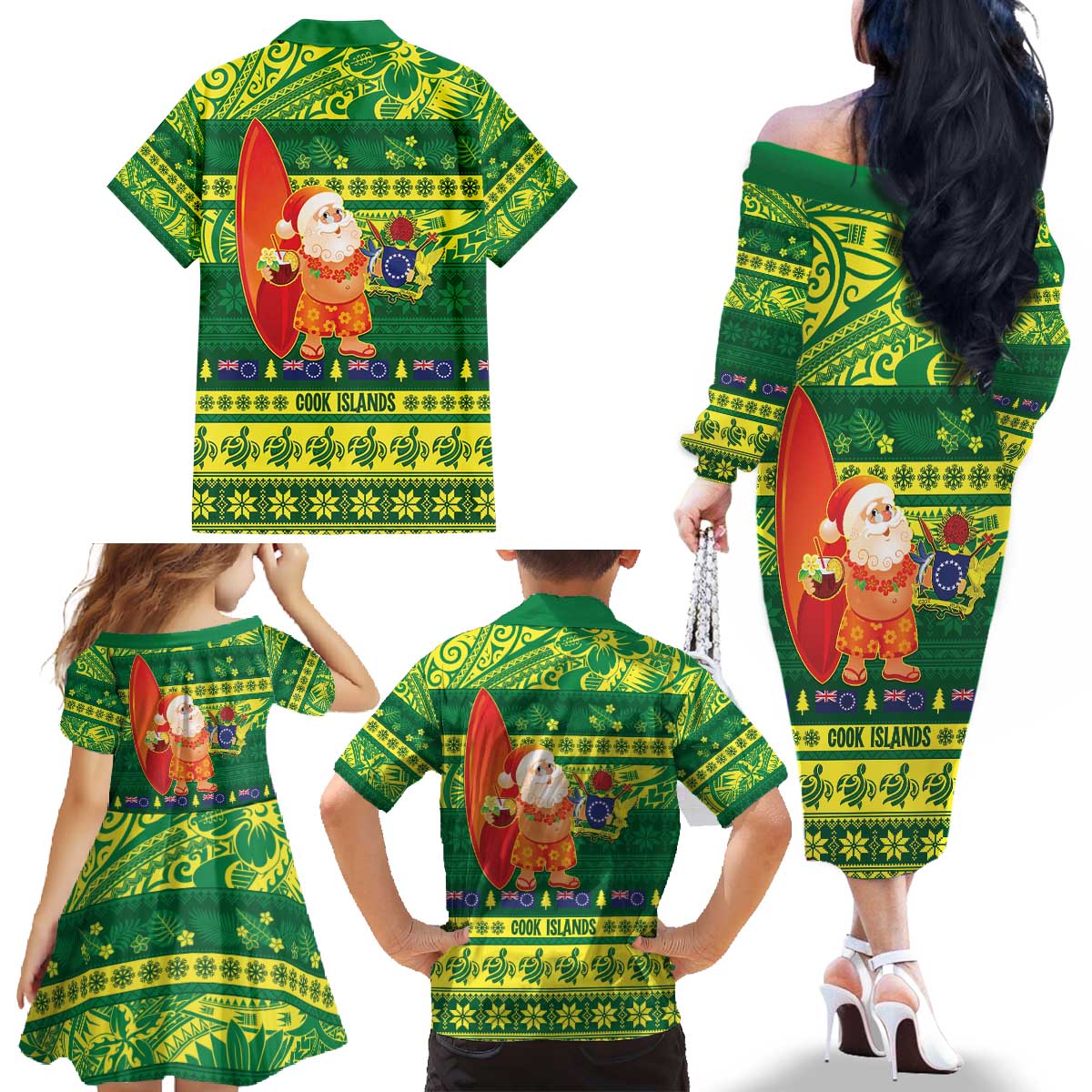 Cook Islands Christmas Family Matching Off The Shoulder Long Sleeve Dress and Hawaiian Shirt Surfing Santa Mere Kiritimiti LT14 - Polynesian Pride