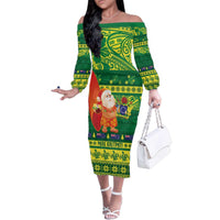 Cook Islands Christmas Family Matching Off The Shoulder Long Sleeve Dress and Hawaiian Shirt Surfing Santa Mere Kiritimiti LT14 Mom's Dress Green - Polynesian Pride