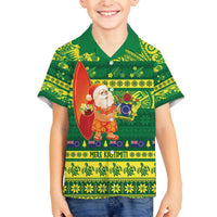 Cook Islands Christmas Family Matching Off The Shoulder Long Sleeve Dress and Hawaiian Shirt Surfing Santa Mere Kiritimiti LT14 Son's Shirt Green - Polynesian Pride