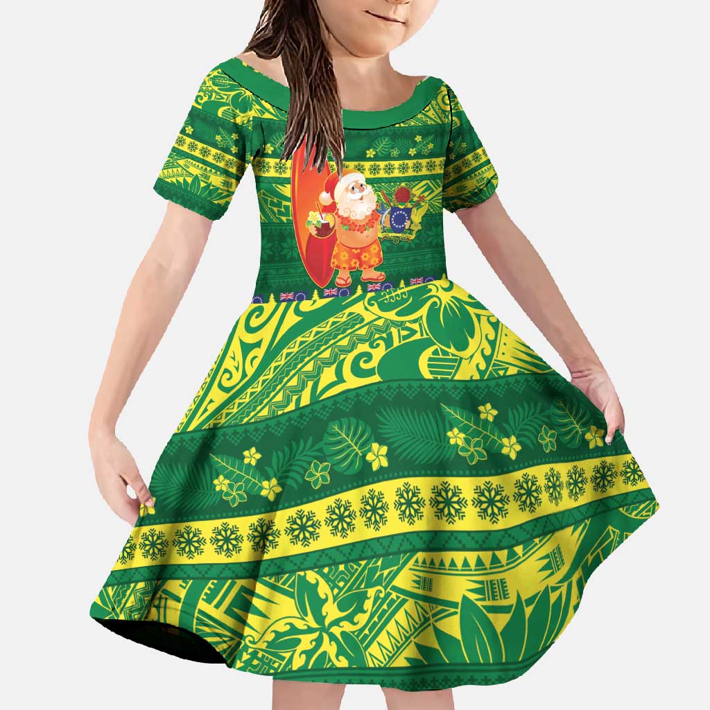 Cook Islands Christmas Family Matching Off Shoulder Maxi Dress and Hawaiian Shirt Surfing Santa Mere Kiritimiti LT14 Daughter's Dress Green - Polynesian Pride