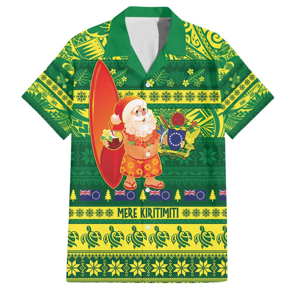 Cook Islands Christmas Family Matching Off Shoulder Maxi Dress and Hawaiian Shirt Surfing Santa Mere Kiritimiti LT14 Dad's Shirt - Short Sleeve Green - Polynesian Pride