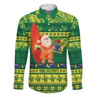 Cook Islands Christmas Family Matching Off Shoulder Maxi Dress and Hawaiian Shirt Surfing Santa Mere Kiritimiti LT14 Dad's Shirt - Long Sleeve Green - Polynesian Pride