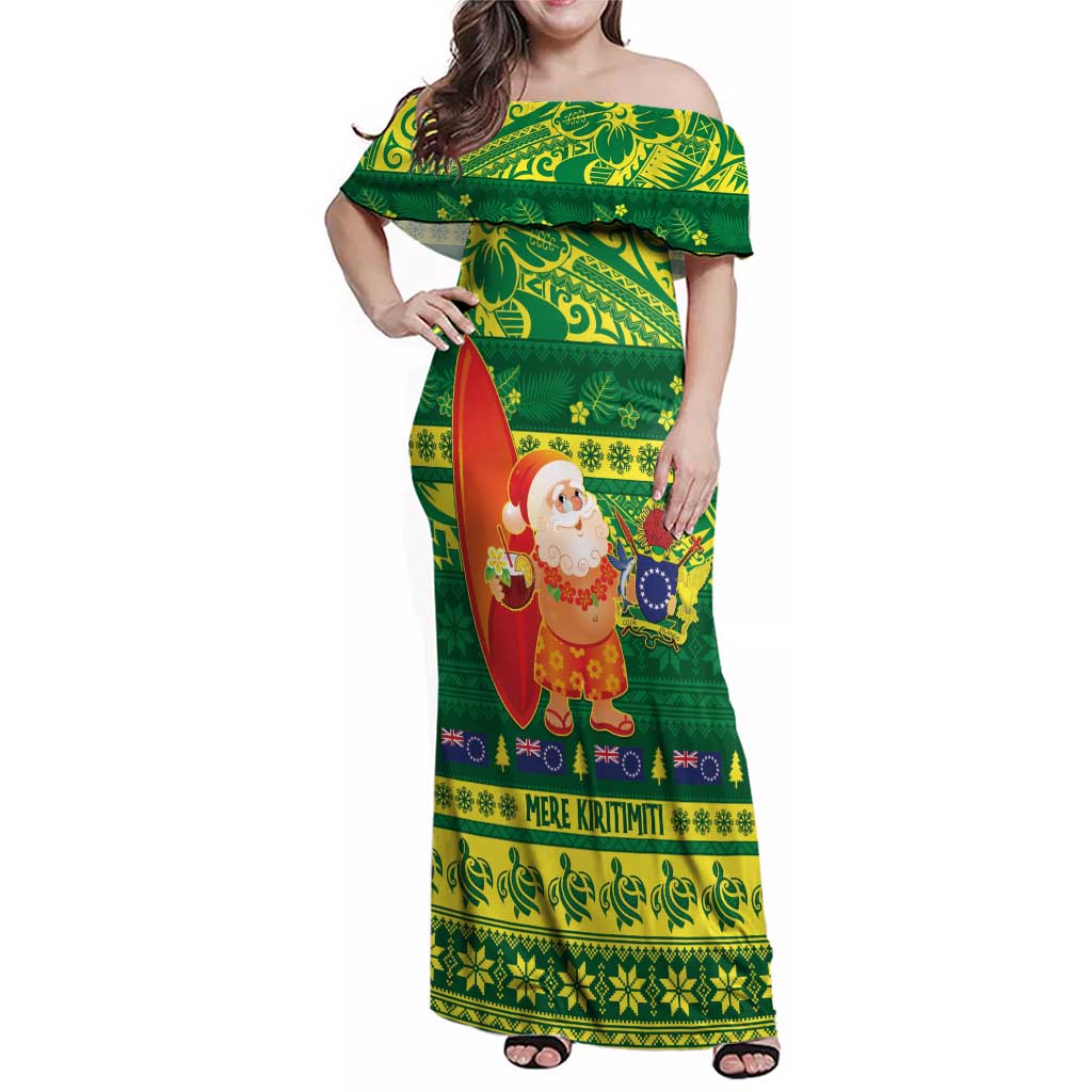 Cook Islands Christmas Family Matching Off Shoulder Maxi Dress and Hawaiian Shirt Surfing Santa Mere Kiritimiti LT14 Mom's Dress Green - Polynesian Pride