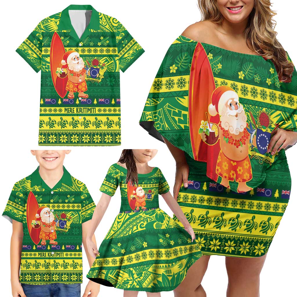 Cook Islands Christmas Family Matching Off Shoulder Short Dress and Hawaiian Shirt Surfing Santa Mere Kiritimiti LT14 - Polynesian Pride