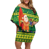Cook Islands Christmas Family Matching Off Shoulder Short Dress and Hawaiian Shirt Surfing Santa Mere Kiritimiti LT14 Mom's Dress Green - Polynesian Pride