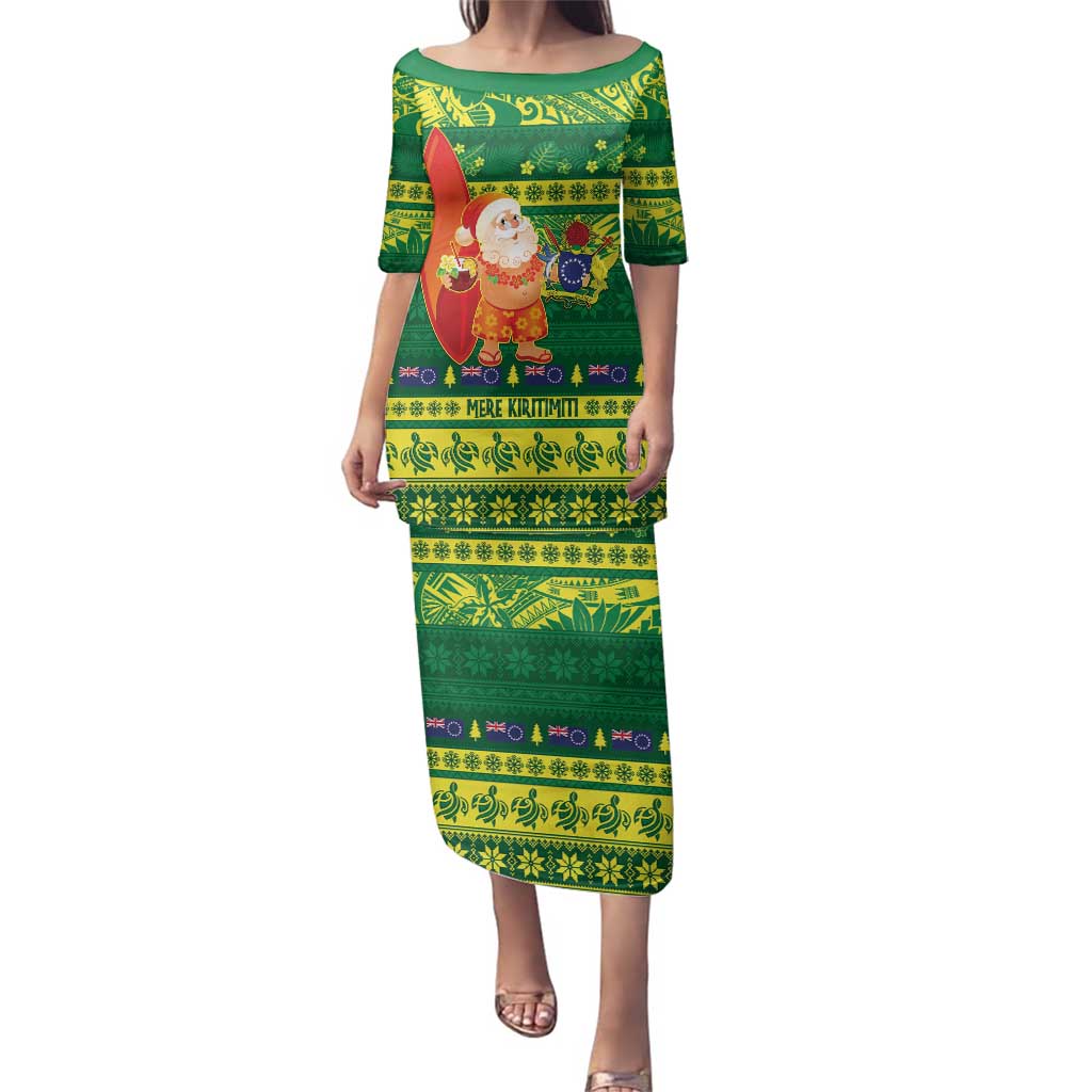 Cook Islands Christmas Family Matching Puletasi and Hawaiian Shirt Surfing Santa Mere Kiritimiti LT14 Mom's Dress Green - Polynesian Pride