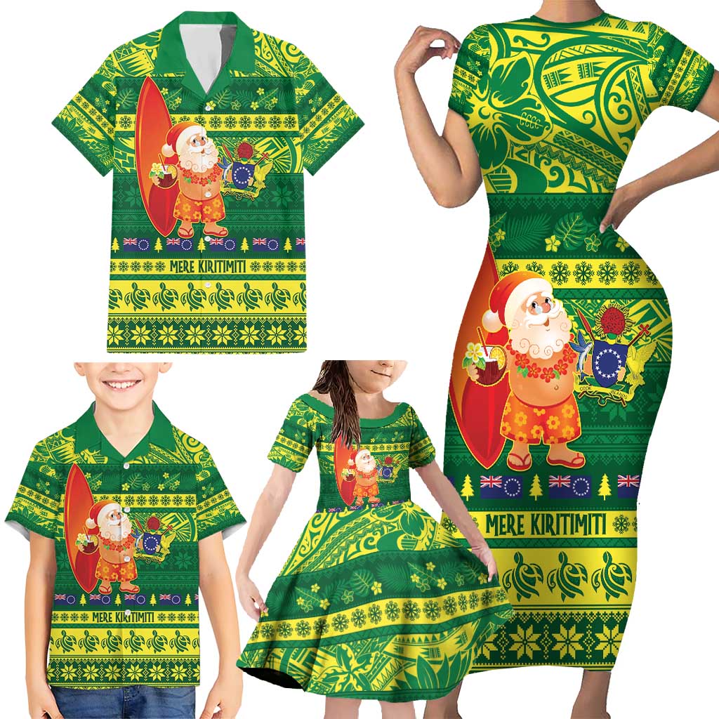 Cook Islands Christmas Family Matching Short Sleeve Bodycon Dress and Hawaiian Shirt Surfing Santa Mere Kiritimiti LT14 - Polynesian Pride