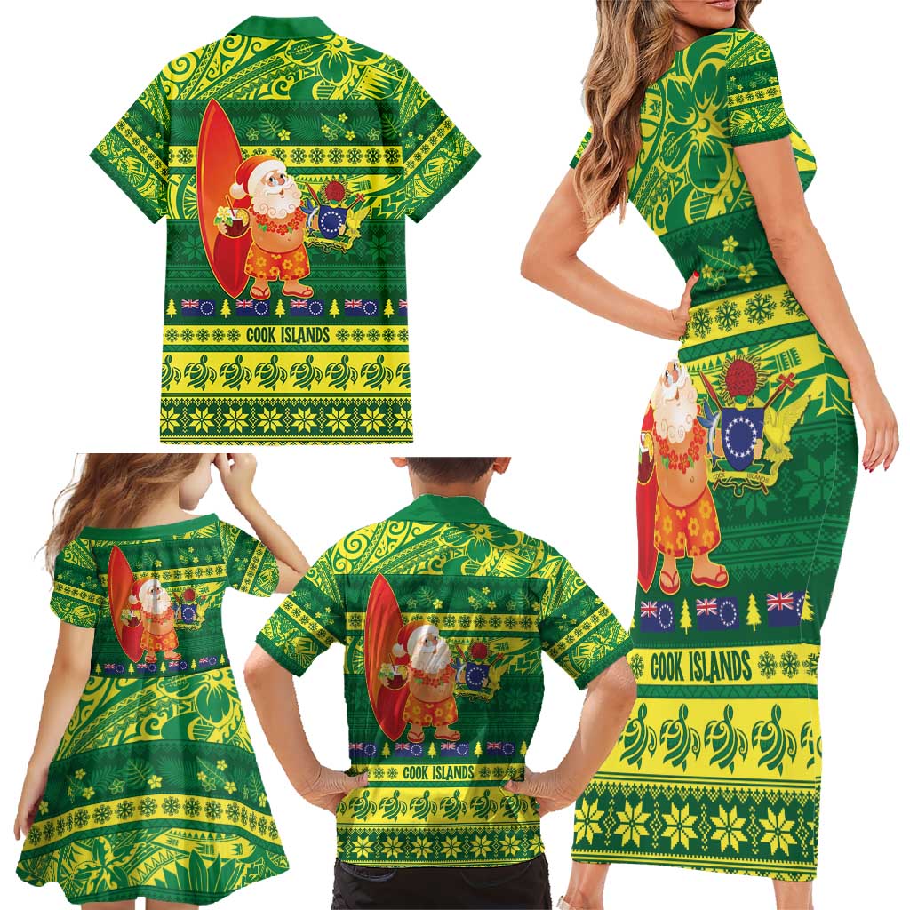 Cook Islands Christmas Family Matching Short Sleeve Bodycon Dress and Hawaiian Shirt Surfing Santa Mere Kiritimiti LT14 - Polynesian Pride