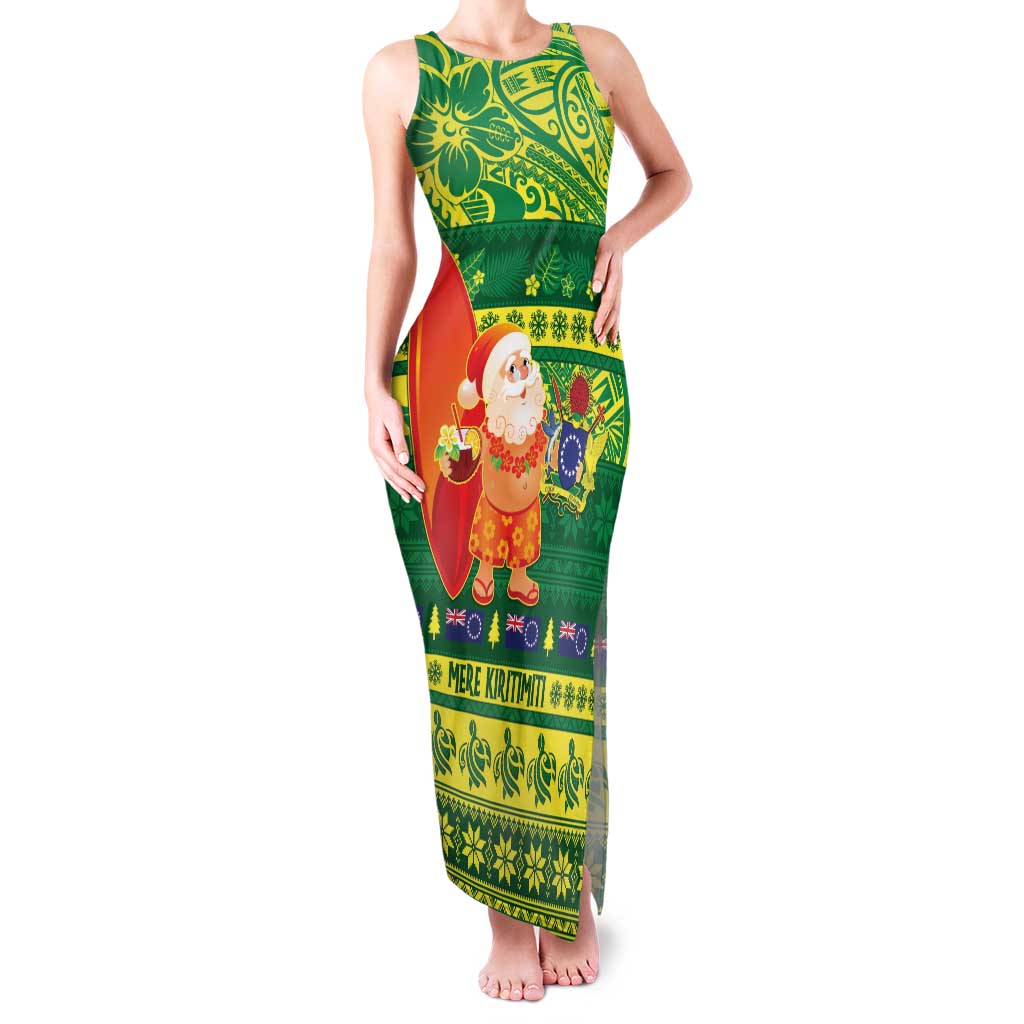 Cook Islands Christmas Family Matching Tank Maxi Dress and Hawaiian Shirt Surfing Santa Mere Kiritimiti LT14 Mom's Dress Green - Polynesian Pride