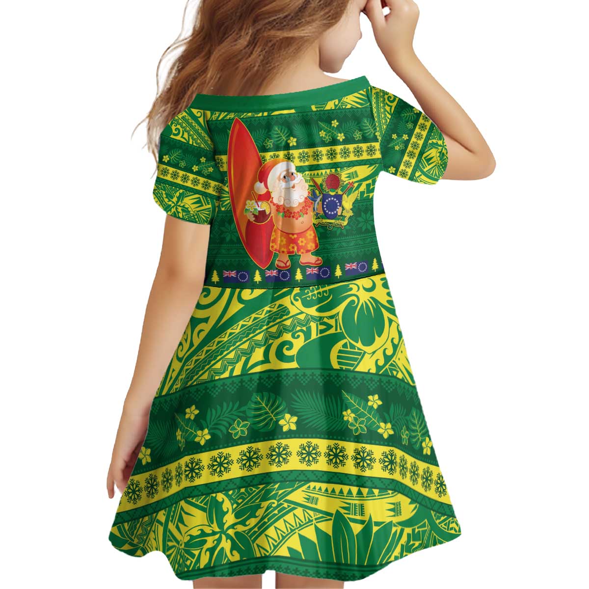 Cook Islands Christmas Kid Short Sleeve Dress Surfing Santa Mere Kiritimiti - Polynesian Pride