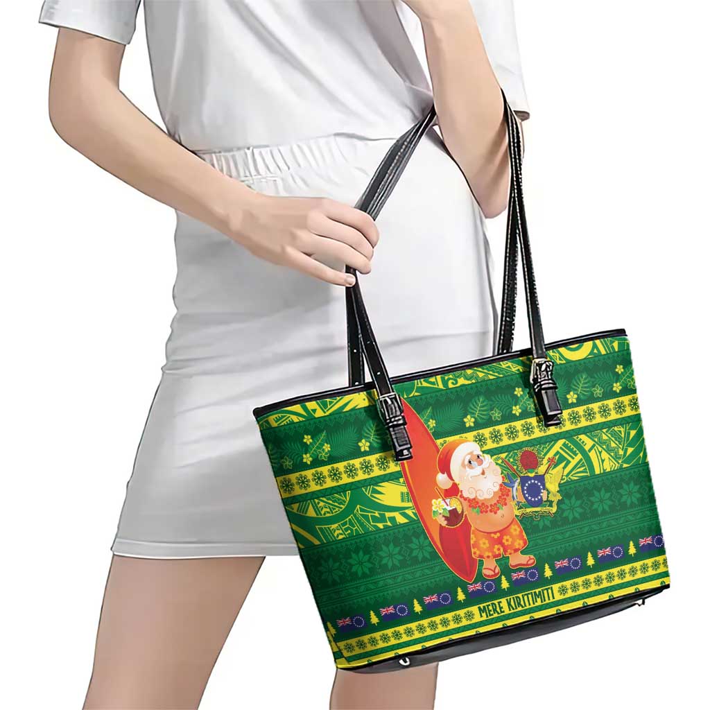 Cook Islands Christmas Leather Tote Bag Surfing Santa Mere Kiritimiti - Polynesian Pride