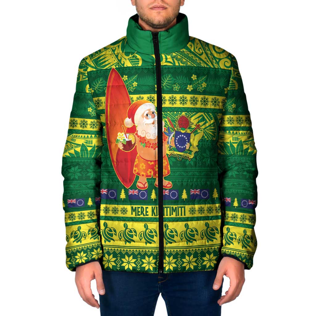 Cook Islands Christmas Padded Jacket Surfing Santa Mere Kiritimiti LT14 Men Green - Polynesian Pride