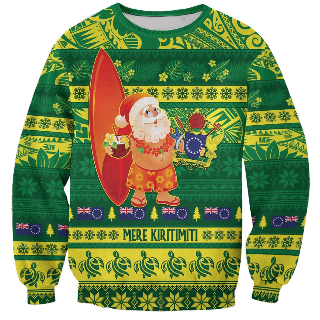Cook Islands Christmas Sweatshirt Surfing Santa Mere Kiritimiti LT14 Unisex Green - Polynesian Pride