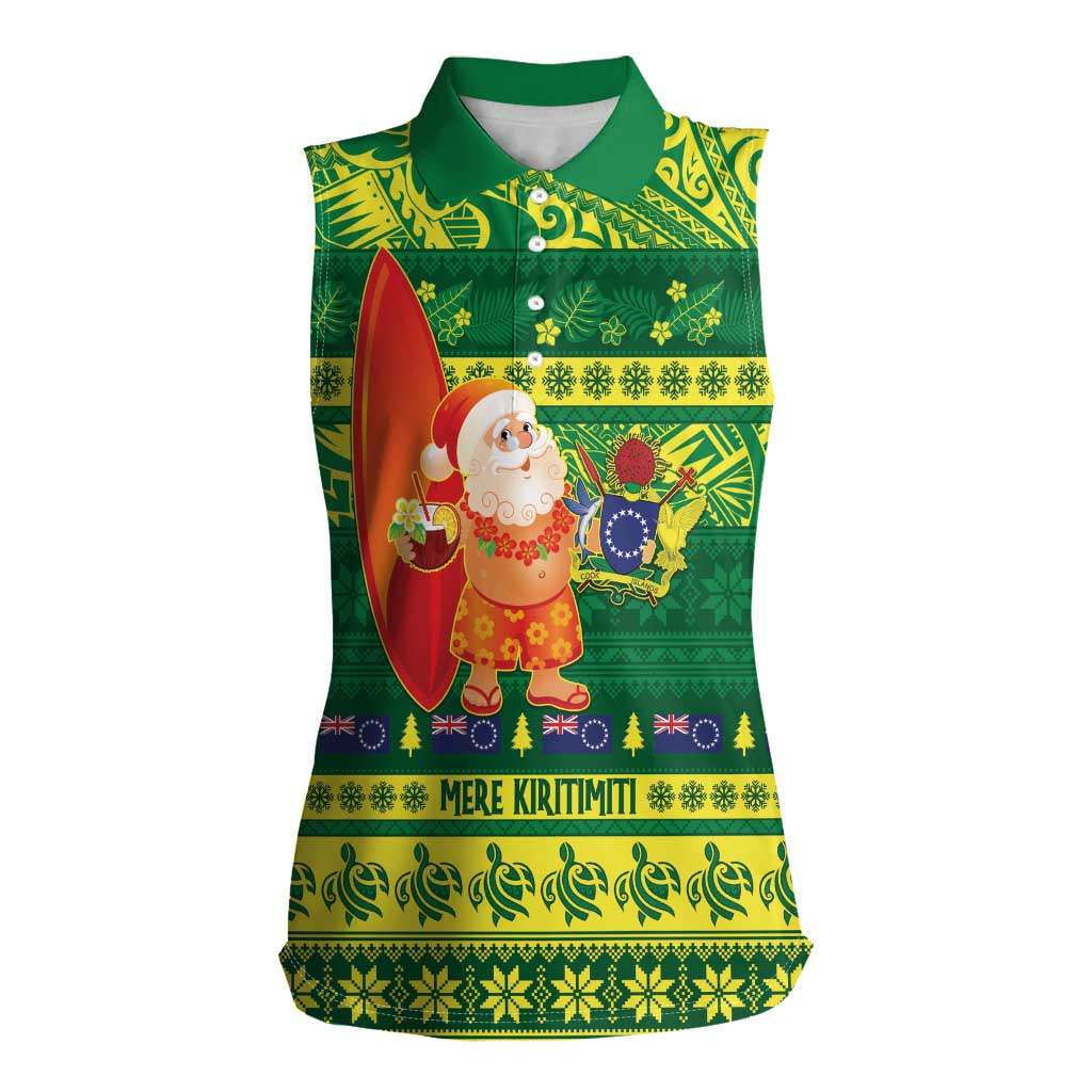 Cook Islands Christmas Women Sleeveless Polo Shirt Surfing Santa Mere Kiritimiti LT14 Female Green - Polynesian Pride
