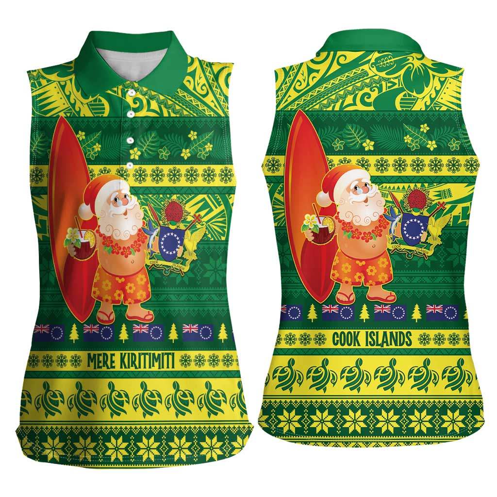 Cook Islands Christmas Women Sleeveless Polo Shirt Surfing Santa Mere Kiritimiti LT14 - Polynesian Pride