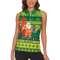Cook Islands Christmas Women Sleeveless Polo Shirt Surfing Santa Mere Kiritimiti LT14 - Polynesian Pride