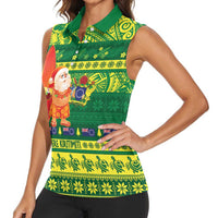 Cook Islands Christmas Women Sleeveless Polo Shirt Surfing Santa Mere Kiritimiti LT14 - Polynesian Pride