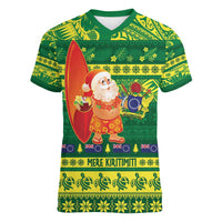 Cook Islands Christmas Women V-Neck T-Shirt Surfing Santa Mere Kiritimiti LT14 Female Green - Polynesian Pride
